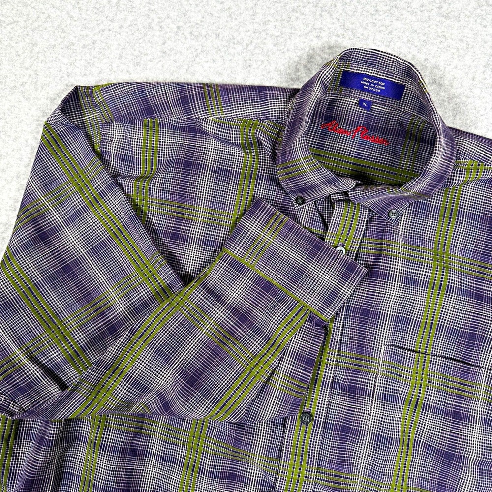 Alan Flusser Men's XL Purple Green White Plaid Woven Cotton Button-Up Pockets